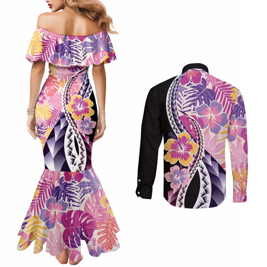 Aloha Vintage Hibiscus Lei Seamless Pattern Couples Matching Mermaid Dress and Long Sleeve Button Shirt - Polynesian Pride