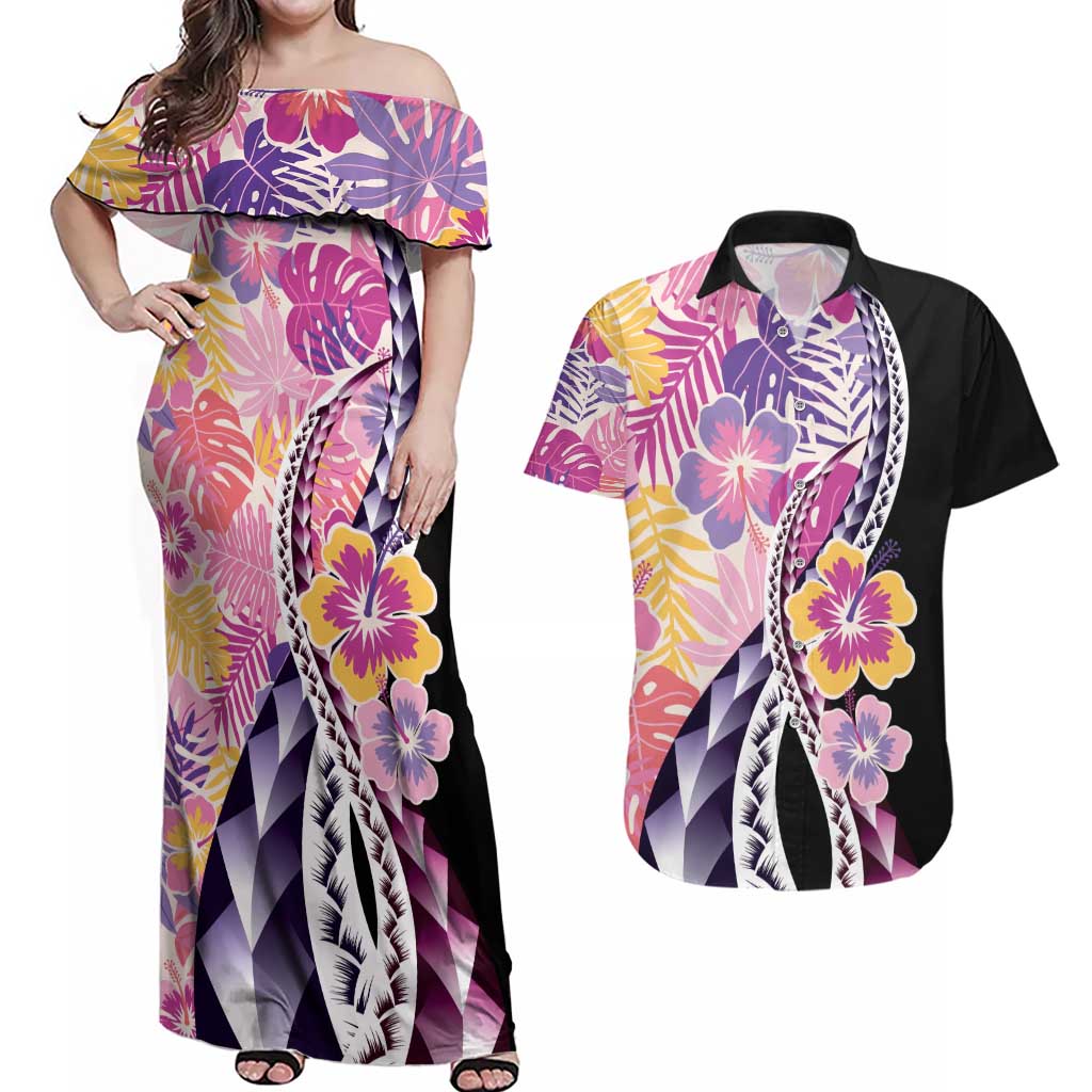 Aloha Vintage Hibiscus Lei Seamless Pattern Couples Matching Off Shoulder Maxi Dress and Hawaiian Shirt - Polynesian Pride