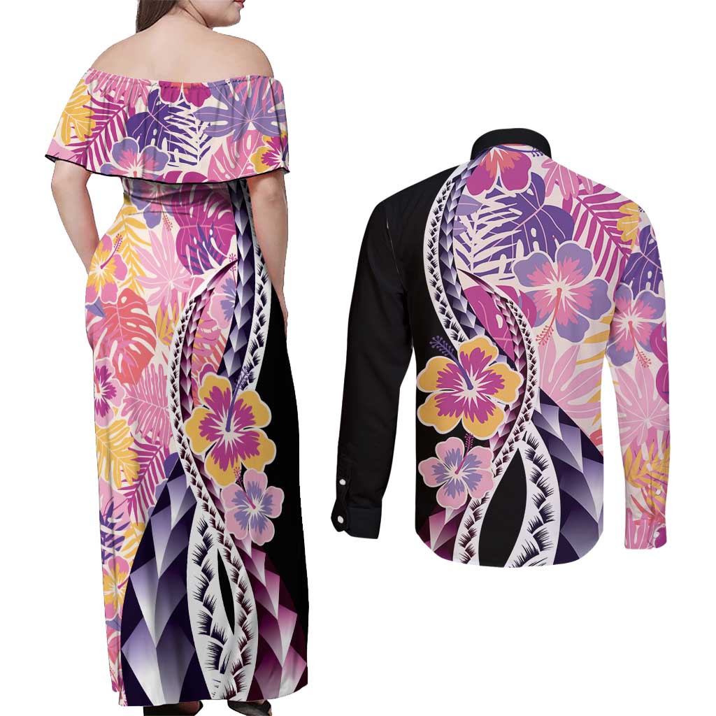 Aloha Vintage Hibiscus Lei Seamless Pattern Couples Matching Off Shoulder Maxi Dress and Long Sleeve Button Shirt - Polynesian Pride