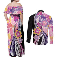 Aloha Vintage Hibiscus Lei Seamless Pattern Couples Matching Off Shoulder Maxi Dress and Long Sleeve Button Shirt - Polynesian Pride