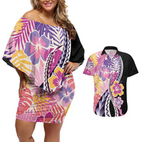 Aloha Vintage Hibiscus Lei Seamless Pattern Couples Matching Off Shoulder Short Dress and Hawaiian Shirt - Polynesian Pride