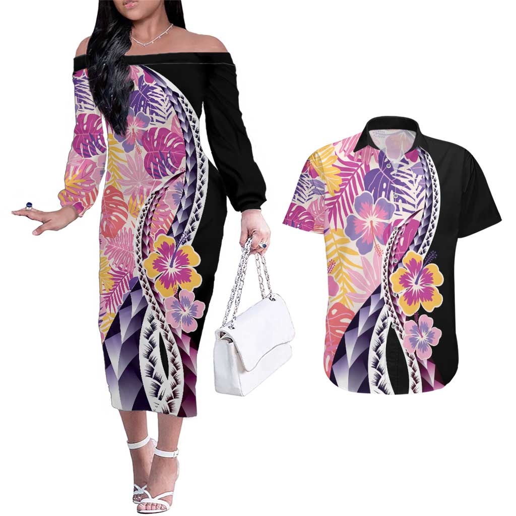 Aloha Vintage Hibiscus Lei Seamless Pattern Couples Matching Off The Shoulder Long Sleeve Dress and Hawaiian Shirt - Polynesian Pride