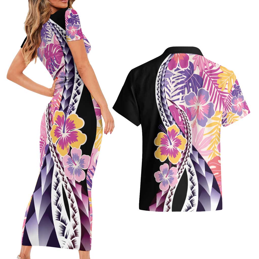 Aloha Vintage Hibiscus Lei Seamless Pattern Couples Matching Short Sleeve Bodycon Dress and Hawaiian Shirt - Polynesian Pride