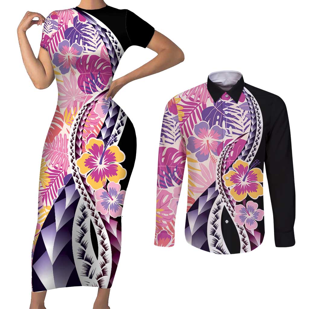 Aloha Vintage Hibiscus Lei Seamless Pattern Couples Matching Short Sleeve Bodycon Dress and Long Sleeve Button Shirt - Polynesian Pride