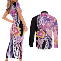 Aloha Vintage Hibiscus Lei Seamless Pattern Couples Matching Short Sleeve Bodycon Dress and Long Sleeve Button Shirt - Polynesian Pride