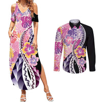 Aloha Vintage Hibiscus Lei Seamless Pattern Couples Matching Summer Maxi Dress and Long Sleeve Button Shirt - Polynesian Pride