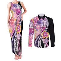 Aloha Vintage Hibiscus Lei Seamless Pattern Couples Matching Tank Maxi Dress and Long Sleeve Button Shirt - Polynesian Pride