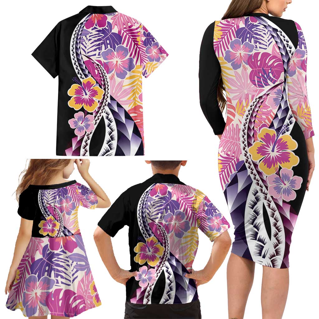 Aloha Vintage Hibiscus Lei Seamless Pattern Family Matching Long Sleeve Bodycon Dress and Hawaiian Shirt - Polynesian Pride