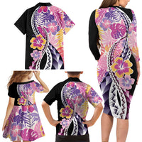 Aloha Vintage Hibiscus Lei Seamless Pattern Family Matching Long Sleeve Bodycon Dress and Hawaiian Shirt - Polynesian Pride
