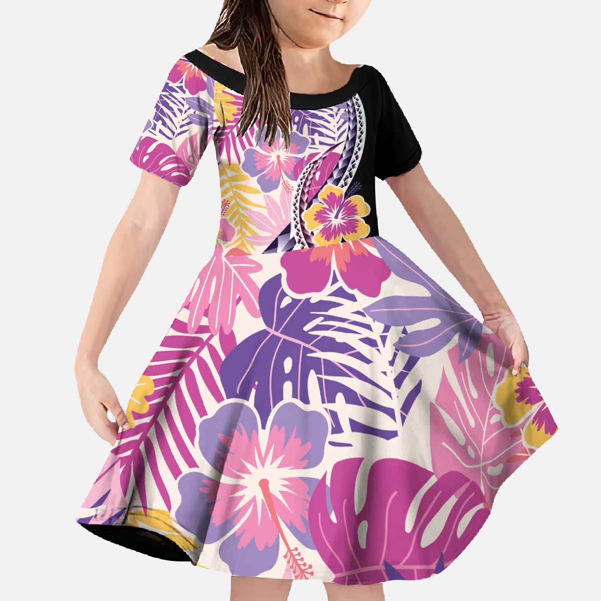 Aloha Vintage Hibiscus Lei Seamless Pattern Family Matching Off The Shoulder Long Sleeve Dress and Hawaiian Shirt - Polynesian Pride