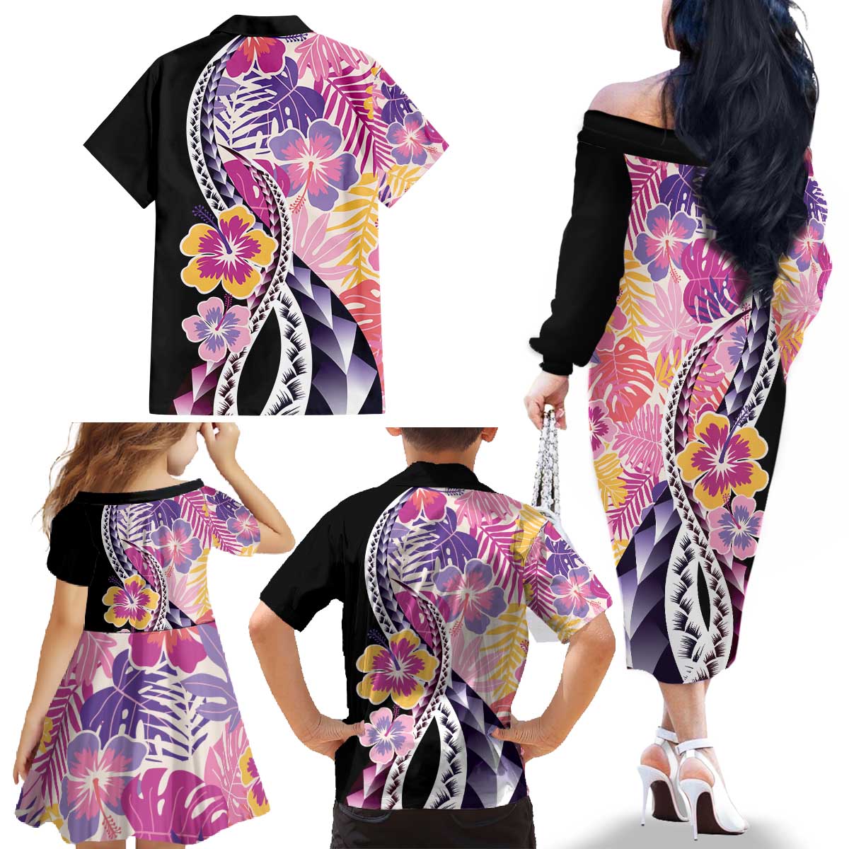 Aloha Vintage Hibiscus Lei Seamless Pattern Family Matching Off The Shoulder Long Sleeve Dress and Hawaiian Shirt - Polynesian Pride