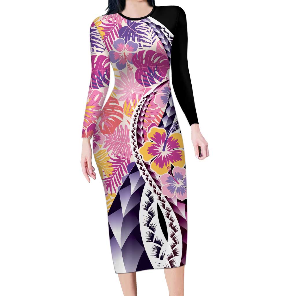 Aloha Vintage Hibiscus Lei Seamless Pattern Long Sleeve Bodycon Dress - Polynesian Pride