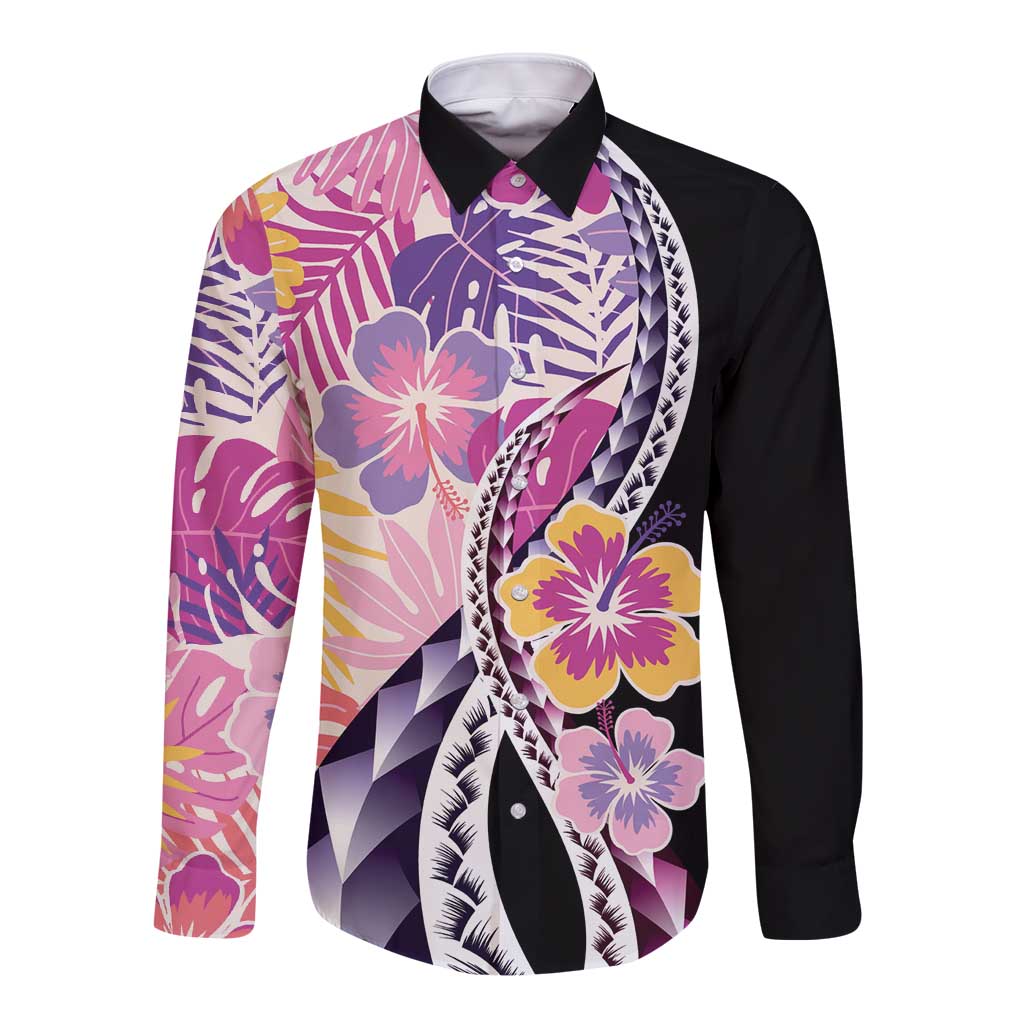 Aloha Vintage Hibiscus Lei Seamless Pattern Long Sleeve Button Shirt - Polynesian Pride