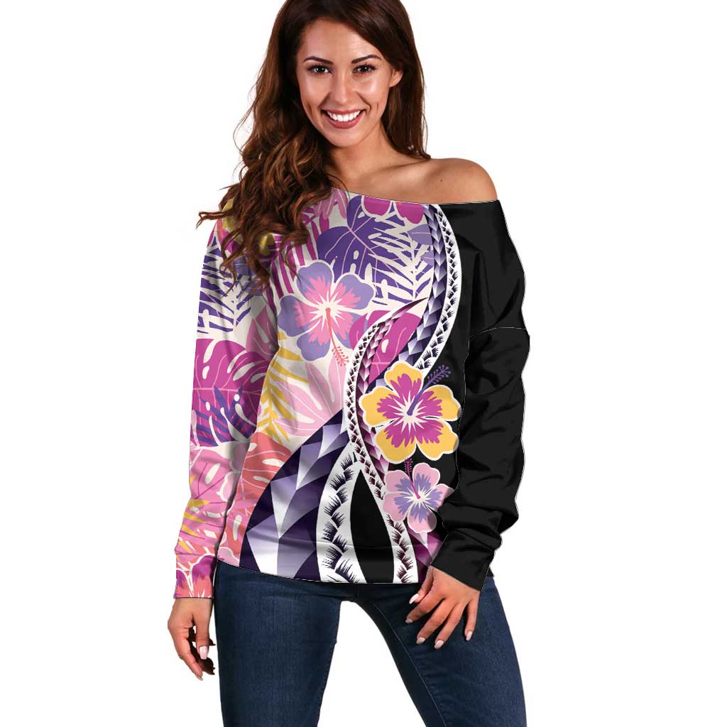 Aloha Vintage Hibiscus Lei Seamless Pattern Off Shoulder Sweater - Polynesian Pride