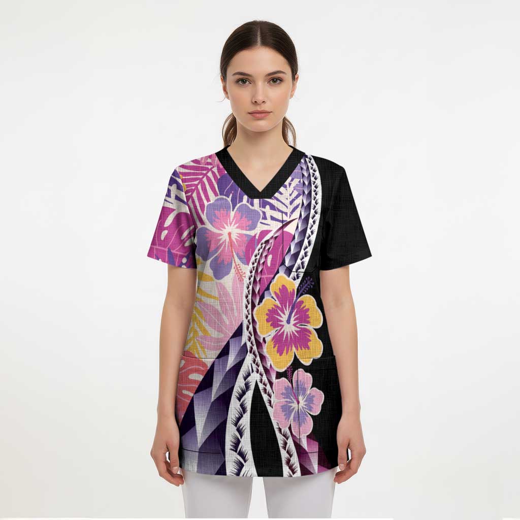 Aloha Vintage Hibiscus Lei Seamless Pattern Scrub Top - Polynesian Pride