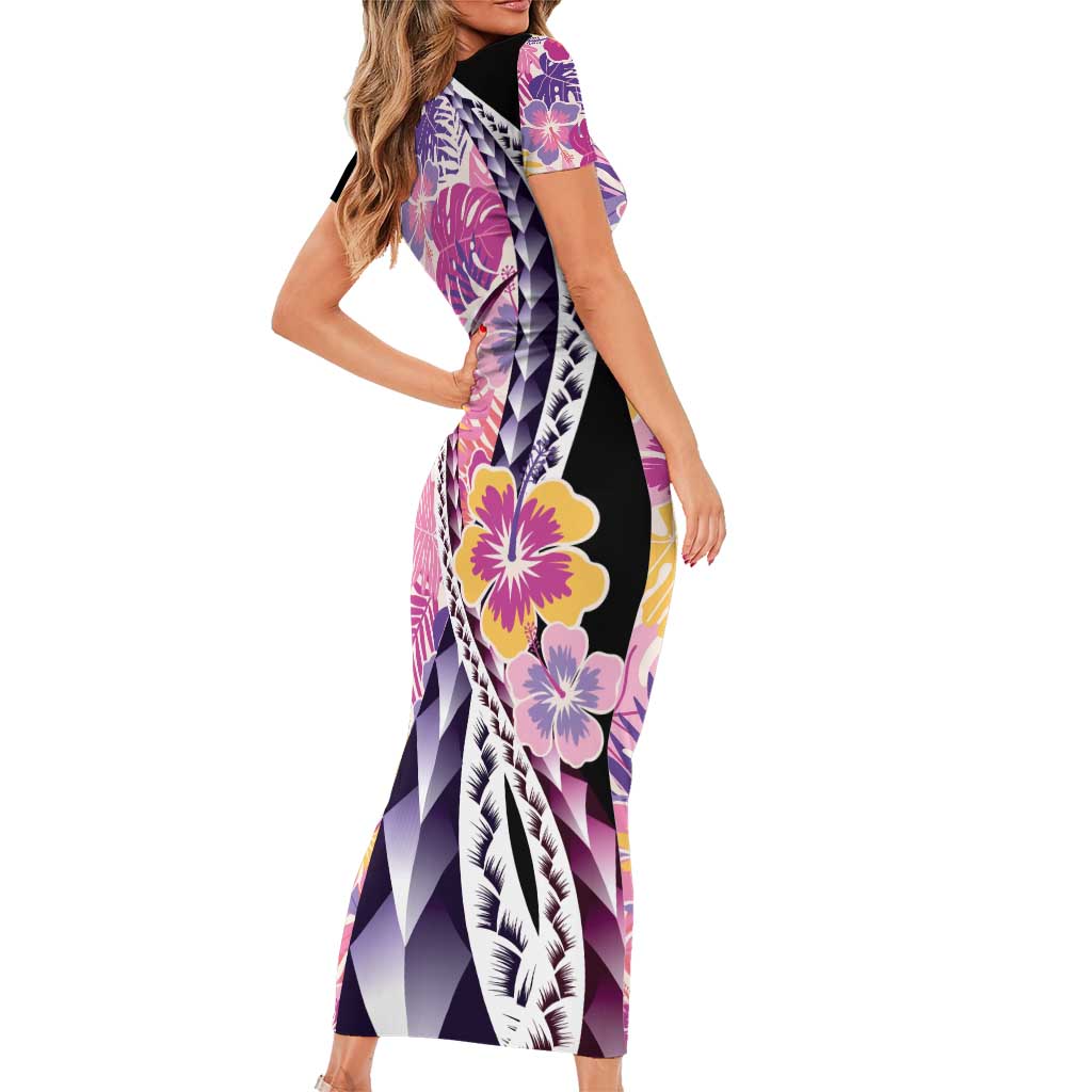 Aloha Vintage Hibiscus Lei Seamless Pattern Short Sleeve Bodycon Dress - Polynesian Pride