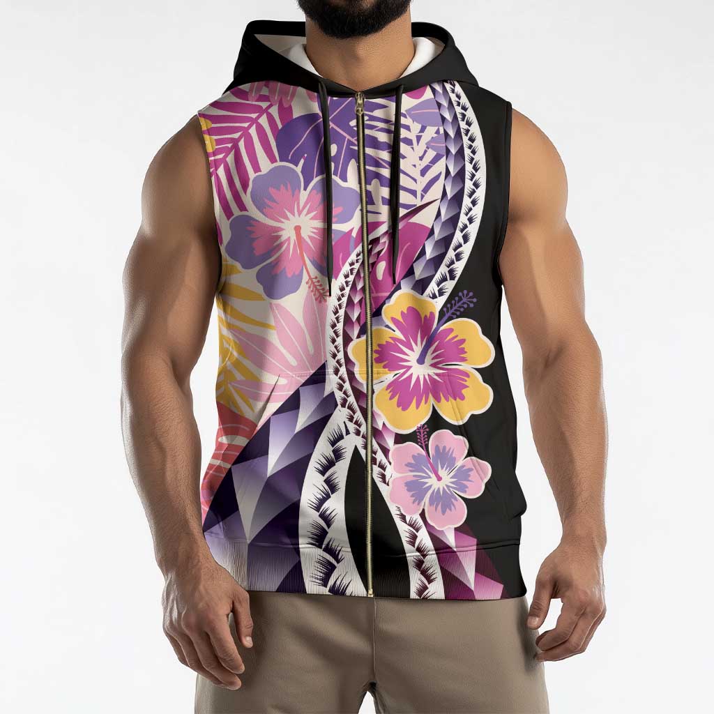Aloha Vintage Hibiscus Lei Seamless Pattern Sleeveless Zip Hoodie - Polynesian Pride