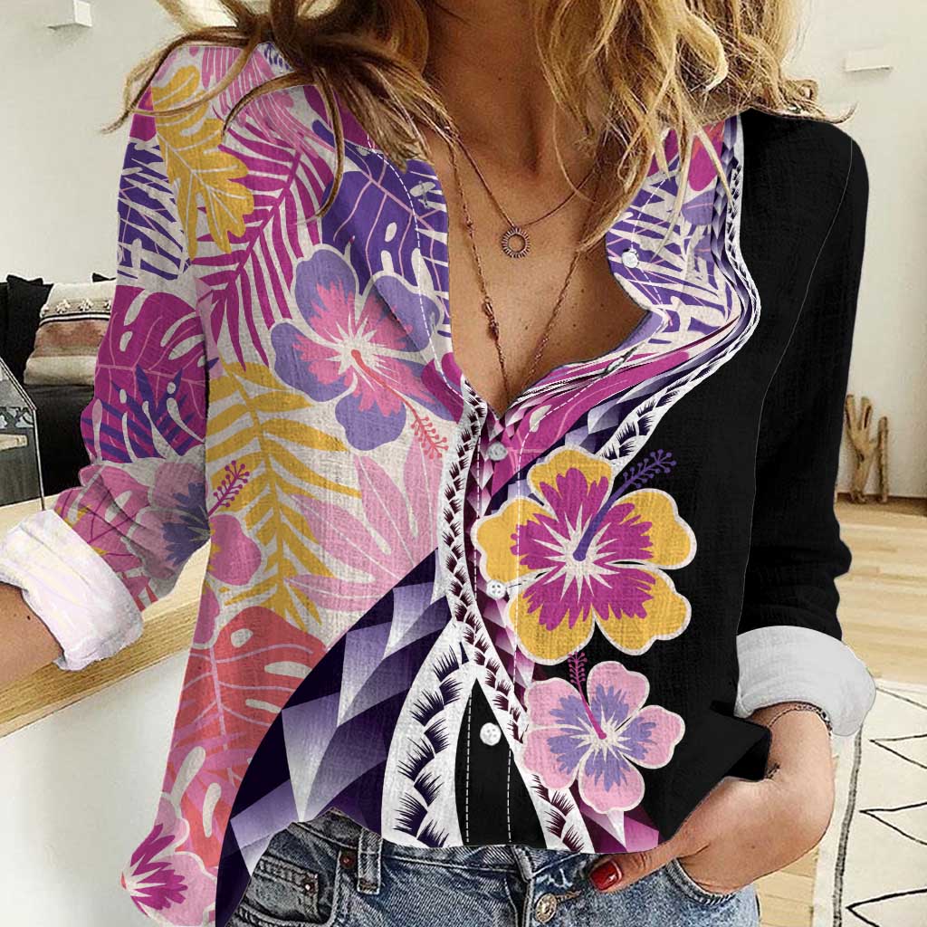 Aloha Vintage Hibiscus Lei Seamless Pattern Women Casual Shirt - Polynesian Pride