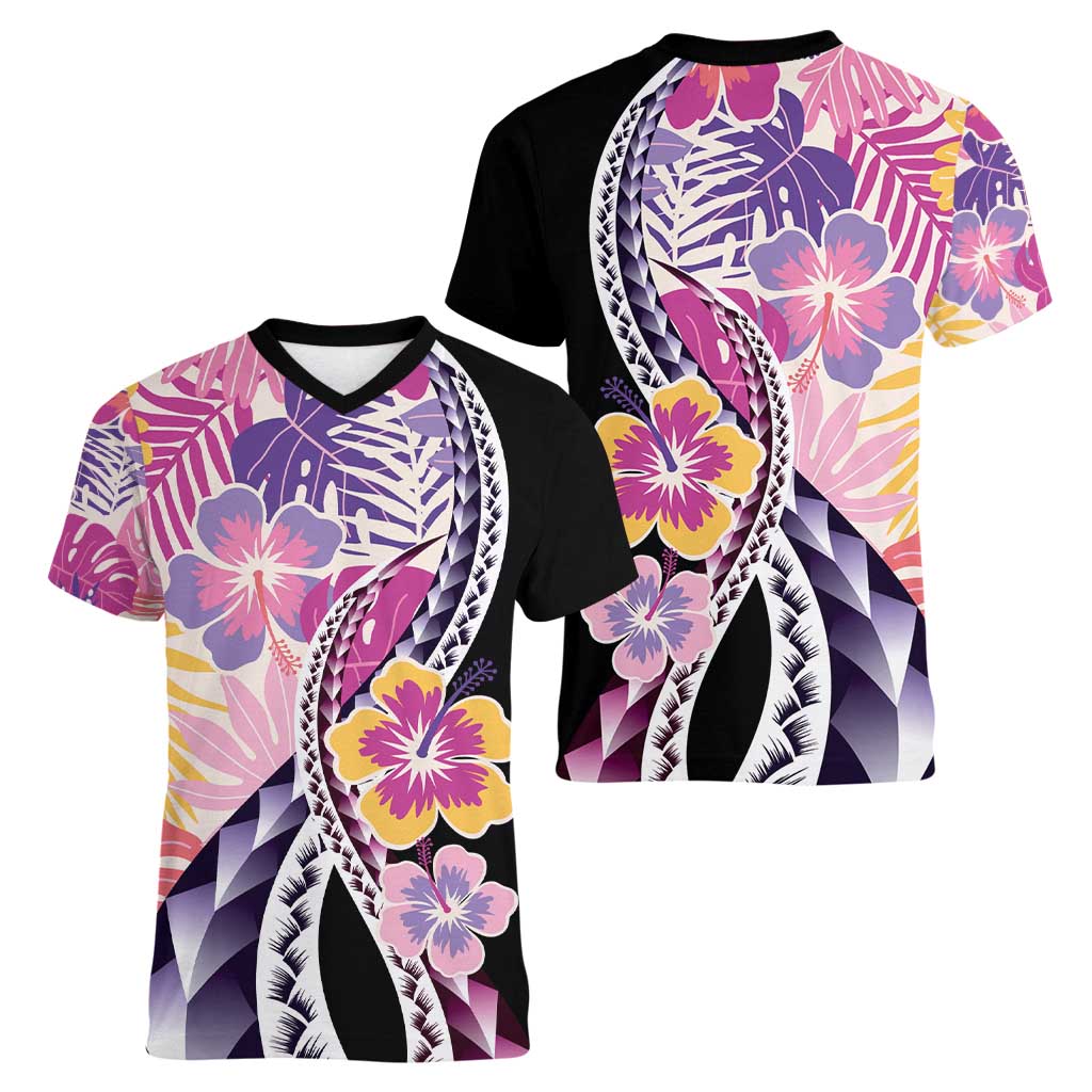 Aloha Vintage Hibiscus Lei Seamless Pattern Women V-Neck T-Shirt - Polynesian Pride