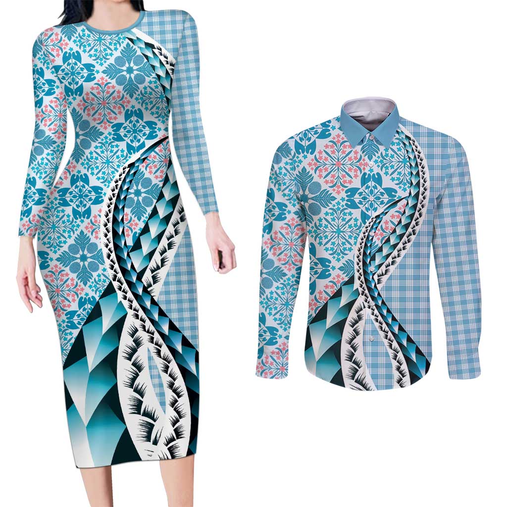 Aloha Vintage Palaka Floral Hawaiian Quilt Couples Matching Long Sleeve Bodycon Dress and Long Sleeve Button Shirt Uliuli Motif - Polynesian Pride