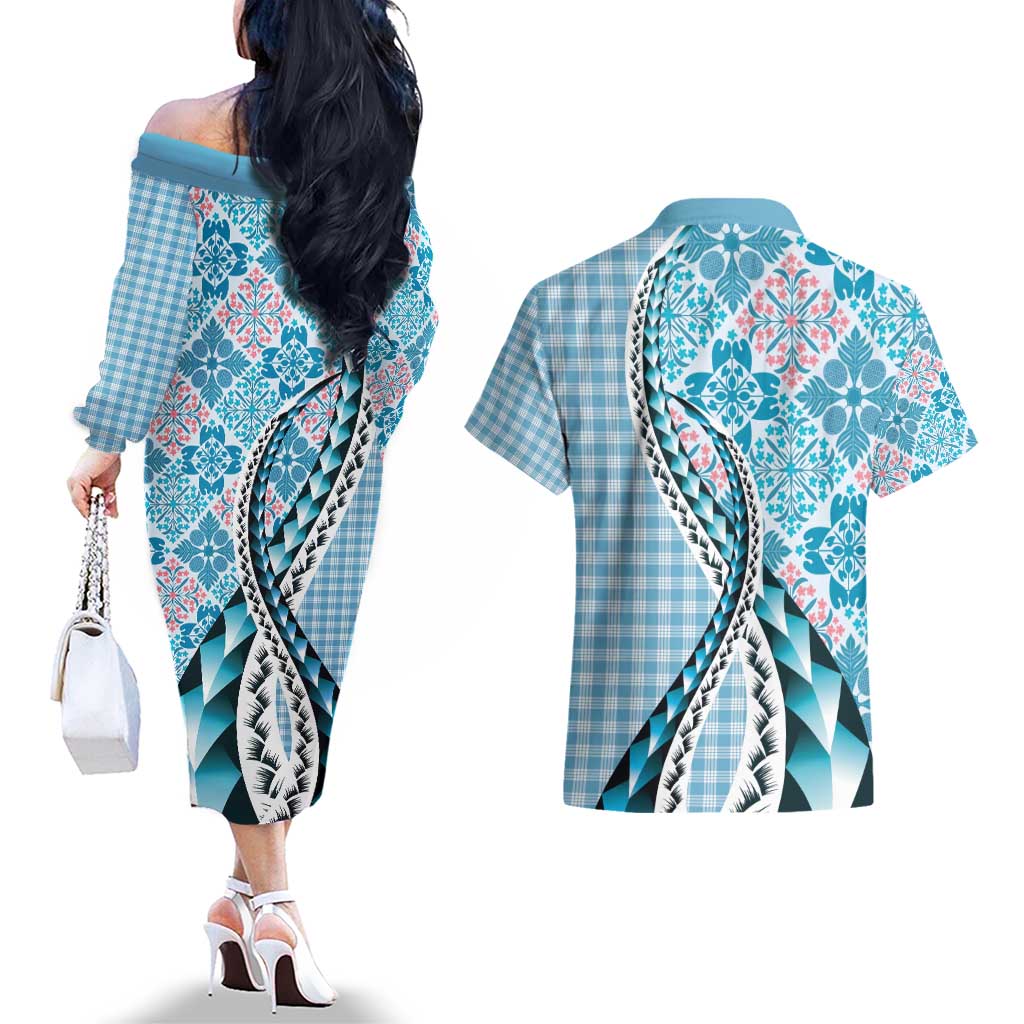 Aloha Vintage Palaka Floral Hawaiian Quilt Couples Matching Off The Shoulder Long Sleeve Dress and Hawaiian Shirt Uliuli Motif - Polynesian Pride