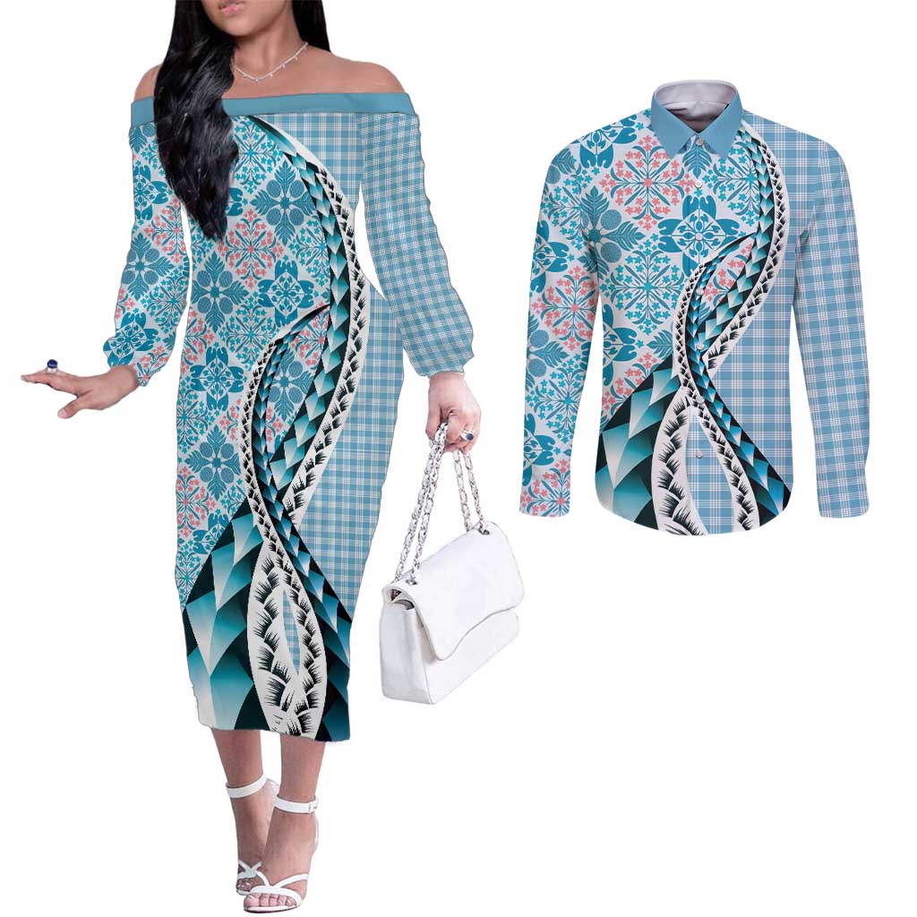 Aloha Vintage Palaka Floral Hawaiian Quilt Couples Matching Off The Shoulder Long Sleeve Dress and Long Sleeve Button Shirt Uliuli Motif - Polynesian Pride