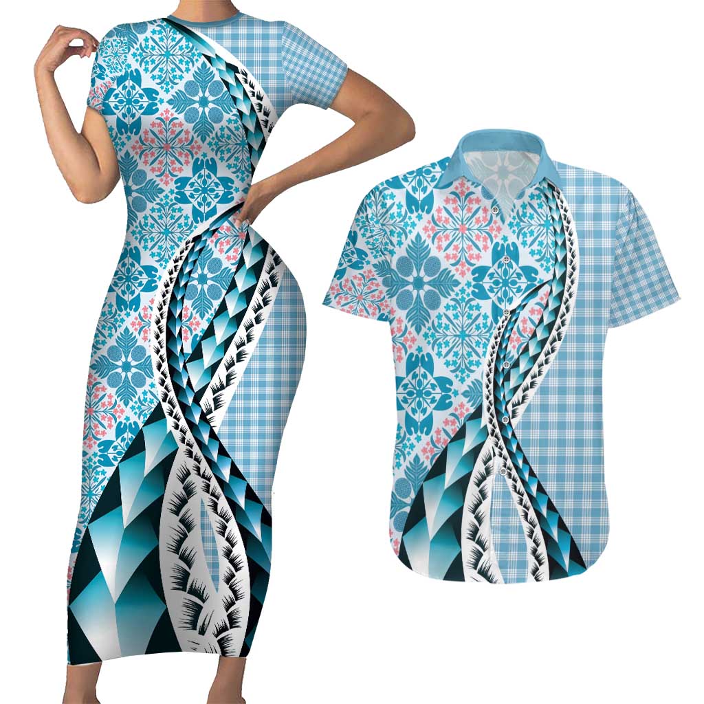 Aloha Vintage Palaka Floral Hawaiian Quilt Couples Matching Short Sleeve Bodycon Dress and Hawaiian Shirt Uliuli Motif - Polynesian Pride