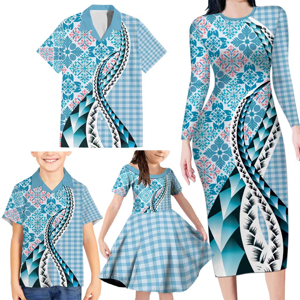 Aloha Vintage Palaka Floral Hawaiian Quilt Family Matching Long Sleeve Bodycon Dress and Hawaiian Shirt Uliuli Motif - Polynesian Pride