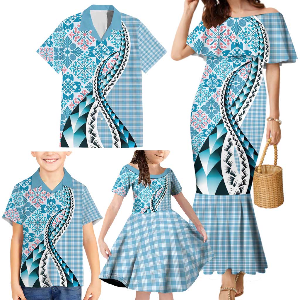 Aloha Vintage Palaka Floral Hawaiian Quilt Family Matching Mermaid Dress and Hawaiian Shirt Uliuli Motif - Polynesian Pride