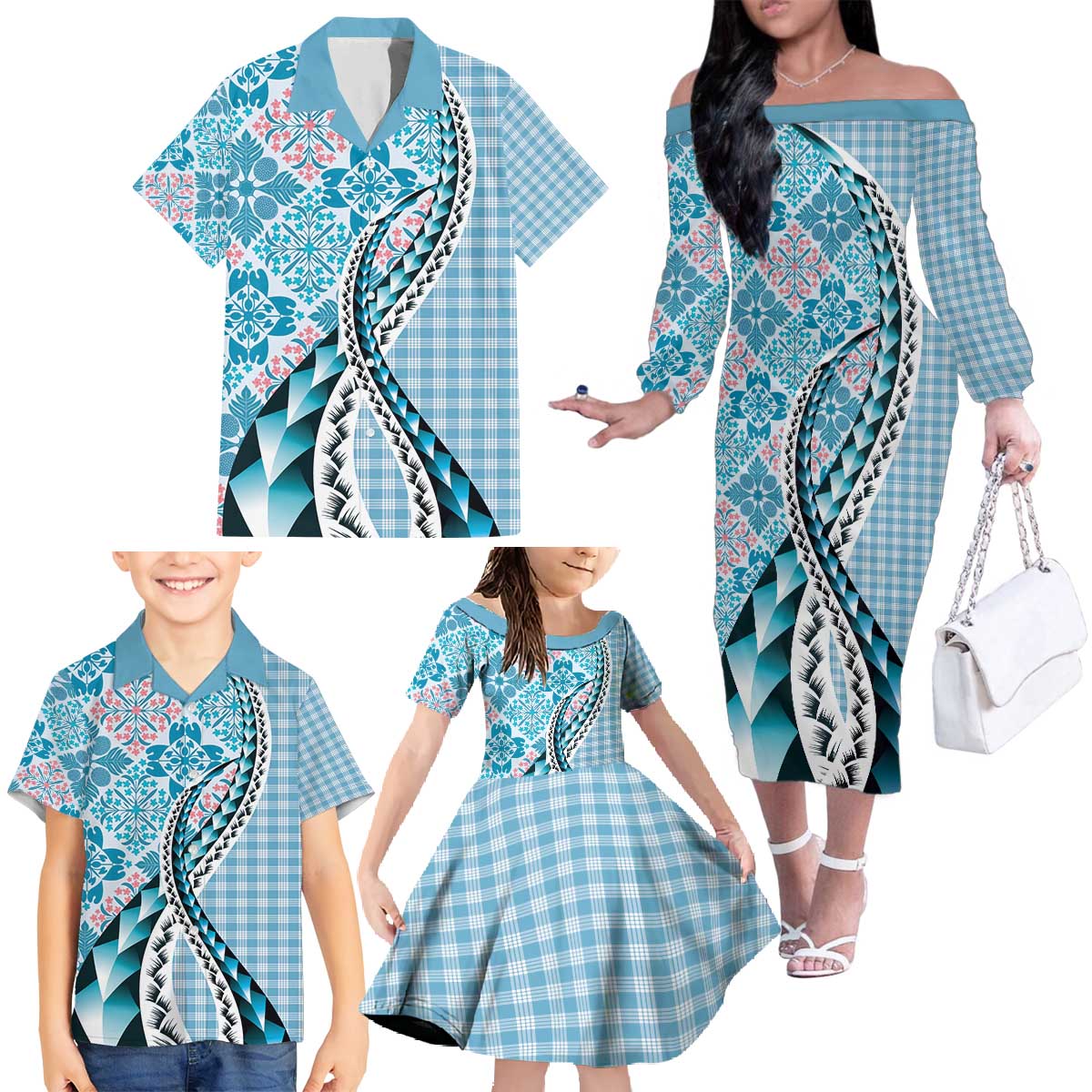 Aloha Vintage Palaka Floral Hawaiian Quilt Family Matching Off The Shoulder Long Sleeve Dress and Hawaiian Shirt Uliuli Motif - Polynesian Pride