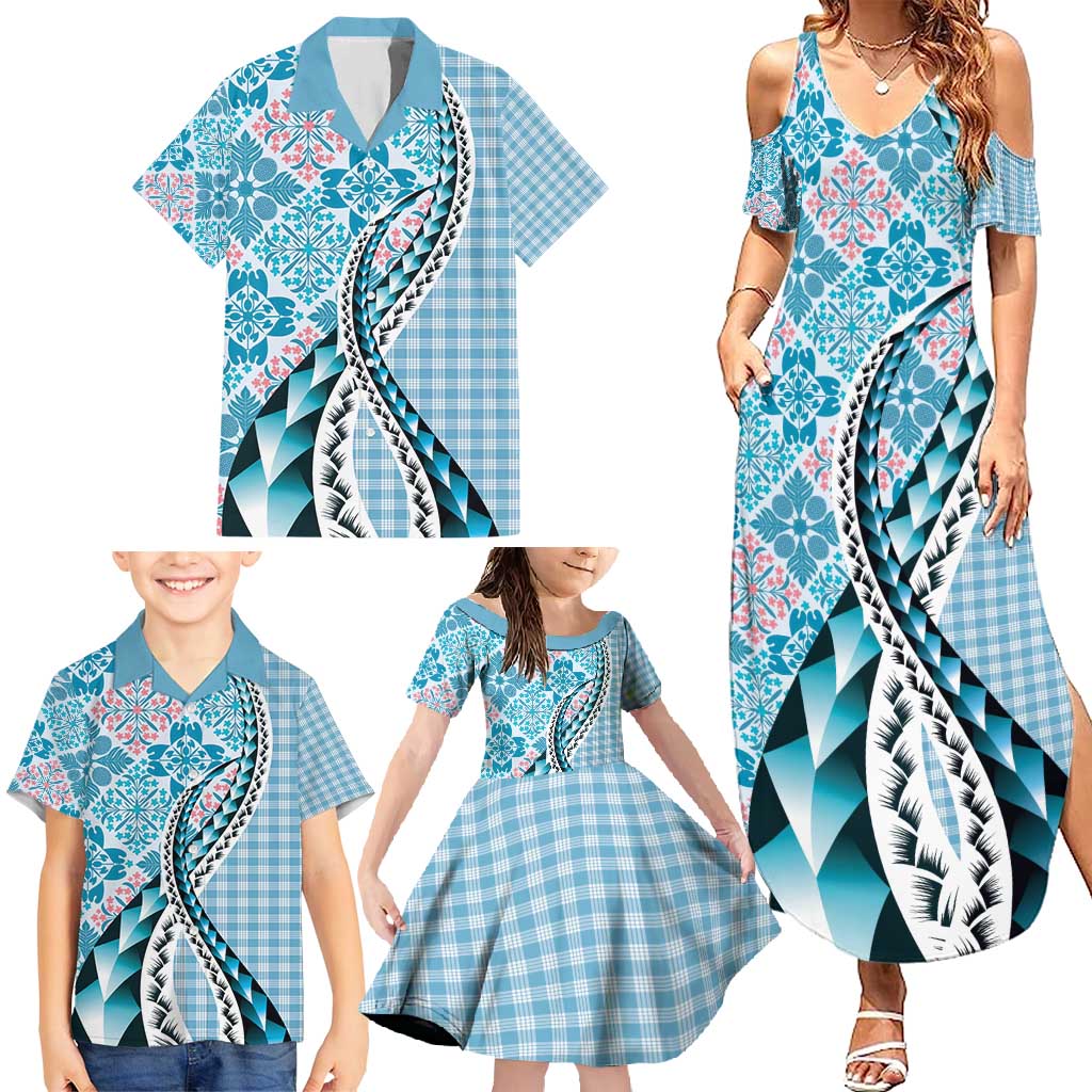 Aloha Vintage Palaka Floral Hawaiian Quilt Family Matching Summer Maxi Dress and Hawaiian Shirt Uliuli Motif - Polynesian Pride