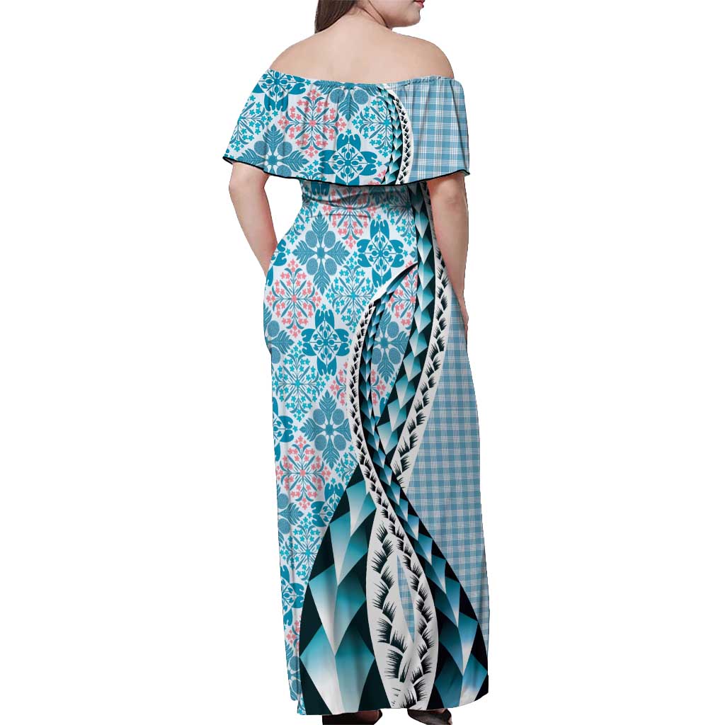 Aloha Vintage Palaka Floral Hawaiian Quilt Off Shoulder Maxi Dress Uliuli Motif - Polynesian Pride