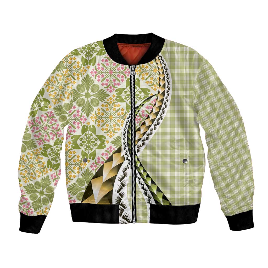 Aloha Vintage Palaka Floral Hawaiian Quilt Bomber Jacket Omaomao Motif LT9 Unisex Lime - Polynesian Pride