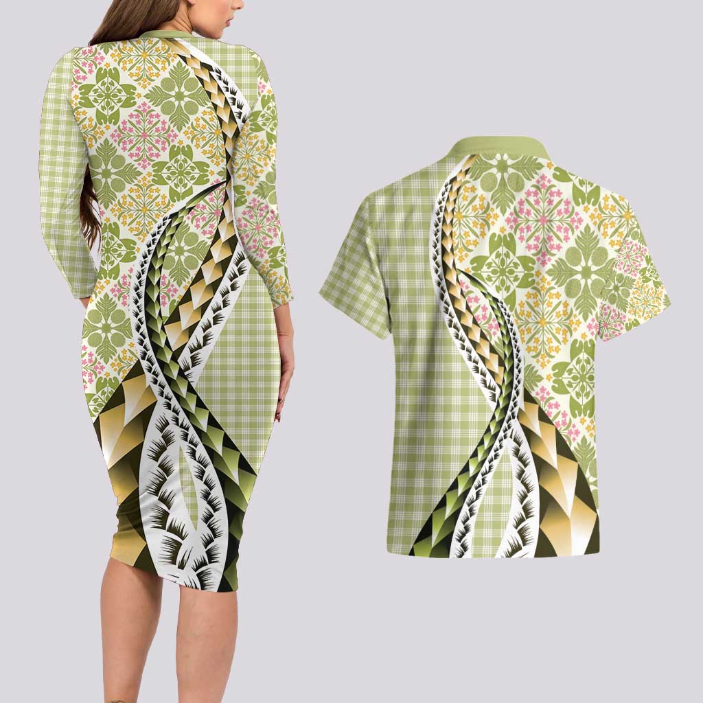 Aloha Vintage Palaka Floral Hawaiian Quilt Couples Matching Long Sleeve Bodycon Dress and Hawaiian Shirt Omaomao Motif - Polynesian Pride
