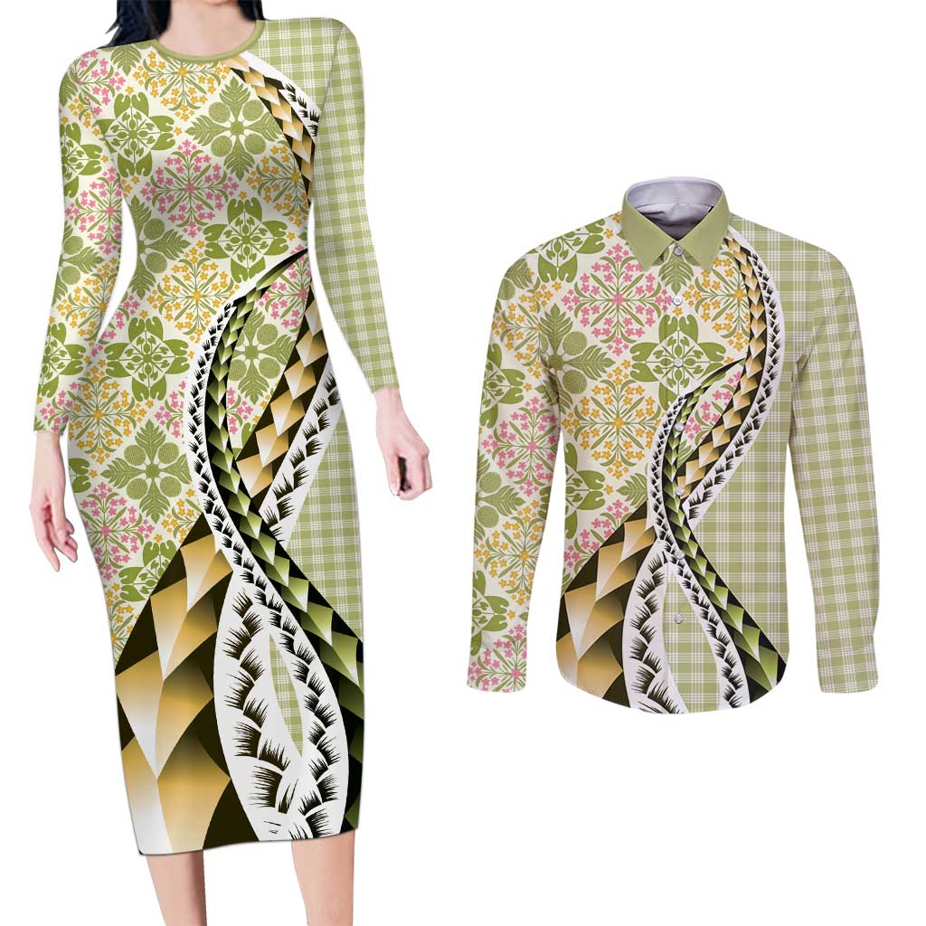 Aloha Vintage Palaka Floral Hawaiian Quilt Couples Matching Long Sleeve Bodycon Dress and Long Sleeve Button Shirt Omaomao Motif - Polynesian Pride