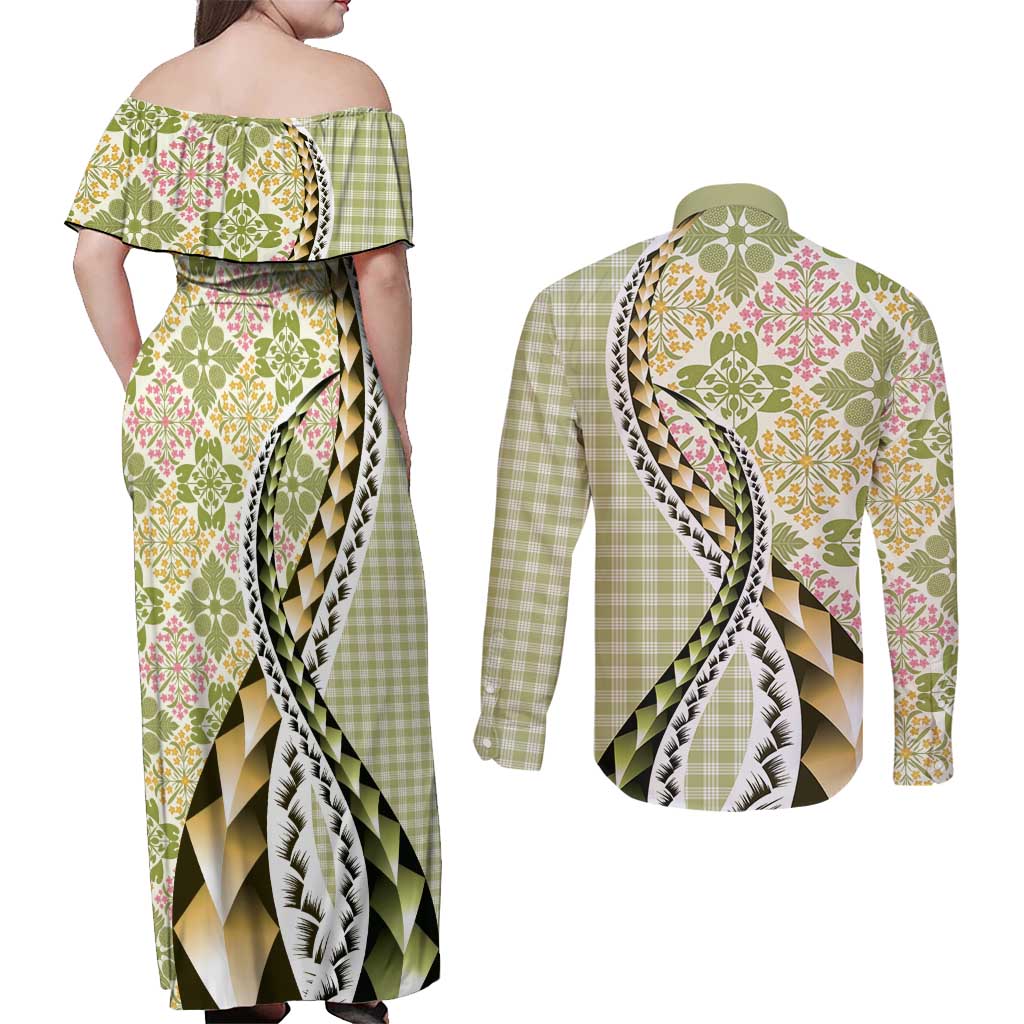 Aloha Vintage Palaka Floral Hawaiian Quilt Couples Matching Off Shoulder Maxi Dress and Long Sleeve Button Shirt Omaomao Motif - Polynesian Pride