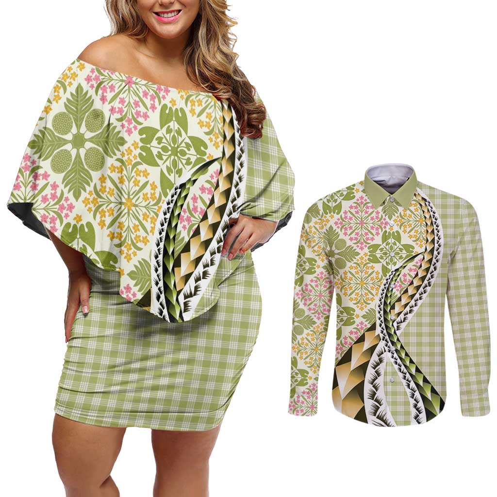 Aloha Vintage Palaka Floral Hawaiian Quilt Couples Matching Off Shoulder Short Dress and Long Sleeve Button Shirt Omaomao Motif - Polynesian Pride