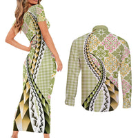 Aloha Vintage Palaka Floral Hawaiian Quilt Couples Matching Short Sleeve Bodycon Dress and Long Sleeve Button Shirt Omaomao Motif - Polynesian Pride