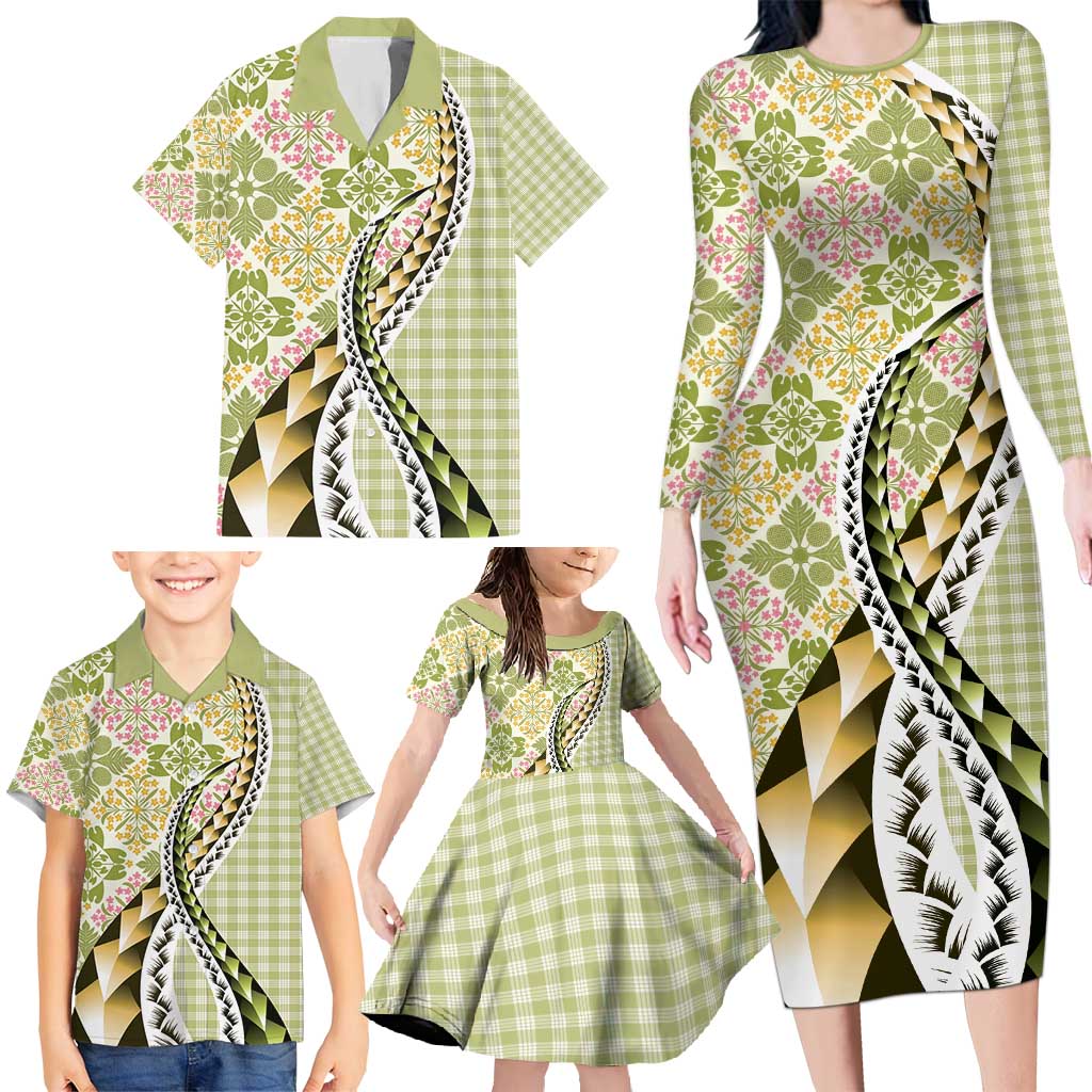 Aloha Vintage Palaka Floral Hawaiian Quilt Family Matching Long Sleeve Bodycon Dress and Hawaiian Shirt Omaomao Motif - Polynesian Pride