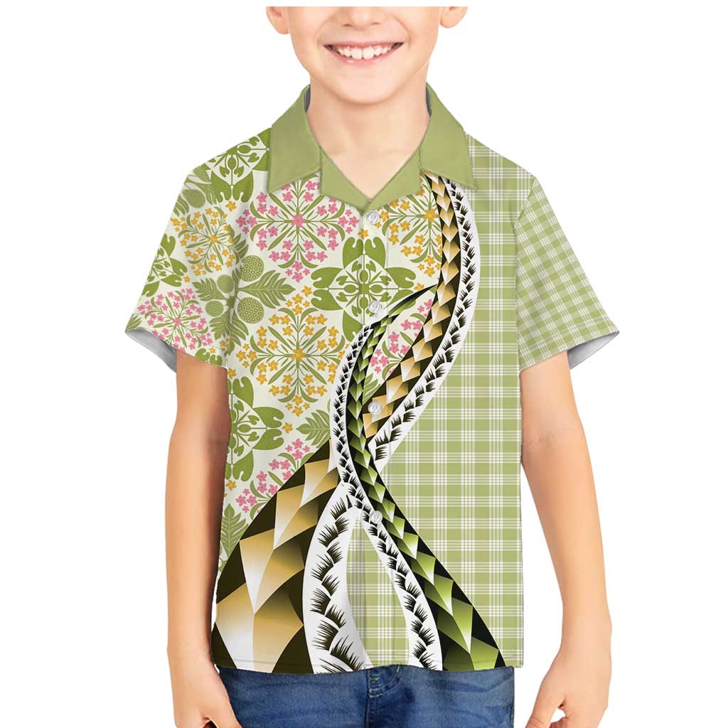 Aloha Vintage Palaka Floral Hawaiian Quilt Family Matching Mermaid Dress and Hawaiian Shirt Omaomao Motif - Polynesian Pride