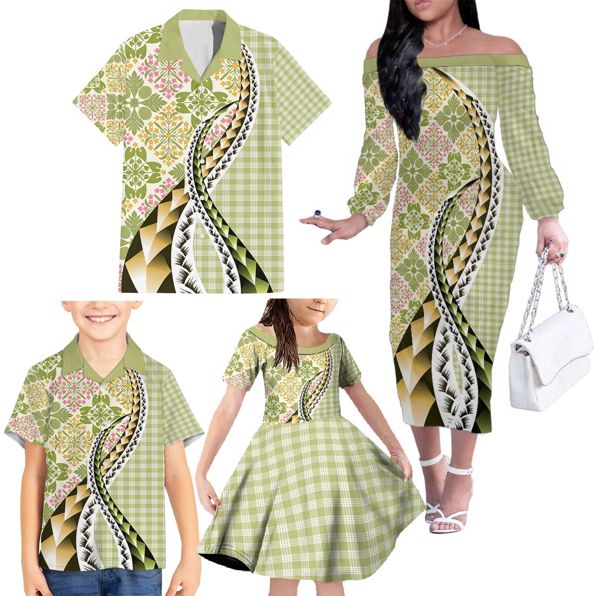 Aloha Vintage Palaka Floral Hawaiian Quilt Family Matching Off The Shoulder Long Sleeve Dress and Hawaiian Shirt Omaomao Motif - Polynesian Pride