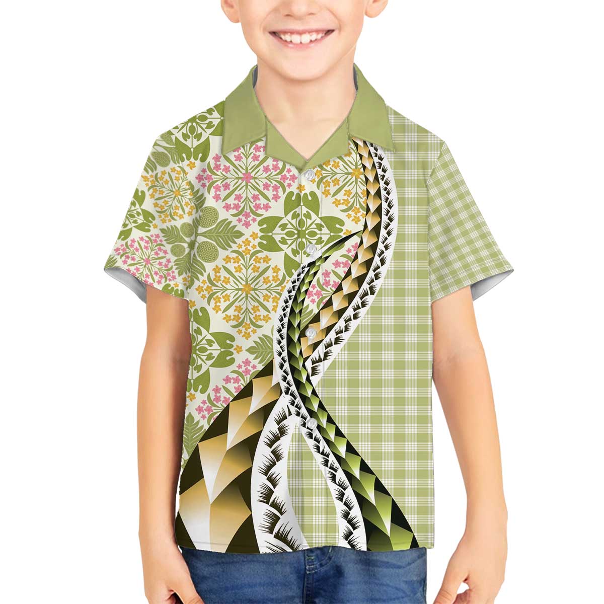 Aloha Vintage Palaka Floral Hawaiian Quilt Family Matching Off The Shoulder Long Sleeve Dress and Hawaiian Shirt Omaomao Motif - Polynesian Pride