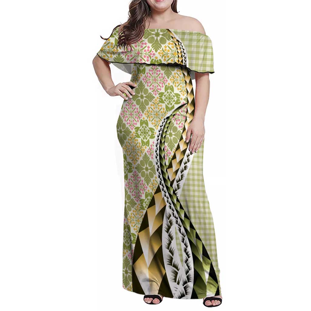 Aloha Vintage Palaka Floral Hawaiian Quilt Family Matching Off Shoulder Maxi Dress and Hawaiian Shirt Omaomao Motif - Polynesian Pride