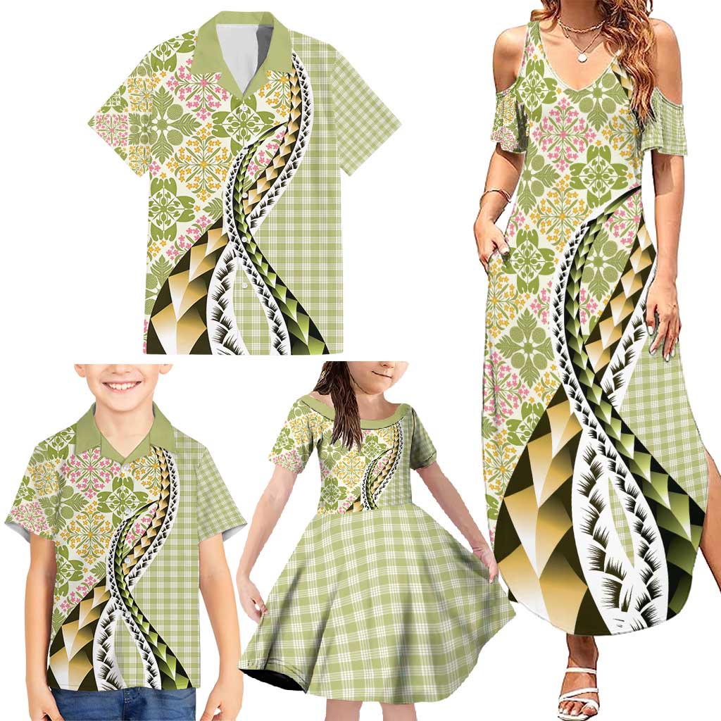 Aloha Vintage Palaka Floral Hawaiian Quilt Family Matching Summer Maxi Dress and Hawaiian Shirt Omaomao Motif - Polynesian Pride
