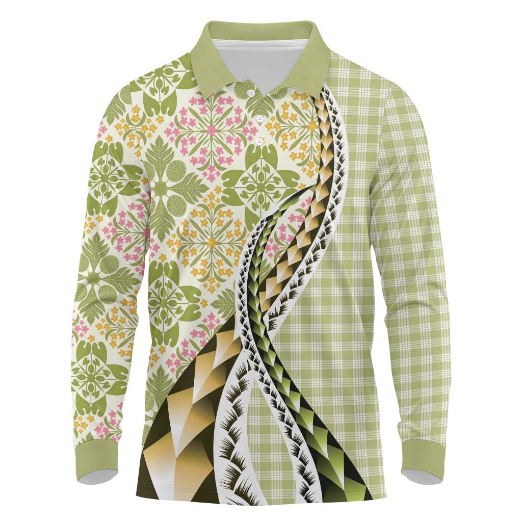 Aloha Vintage Palaka Floral Hawaiian Quilt Long Sleeve Polo Shirt Omaomao Motif - Polynesian Pride