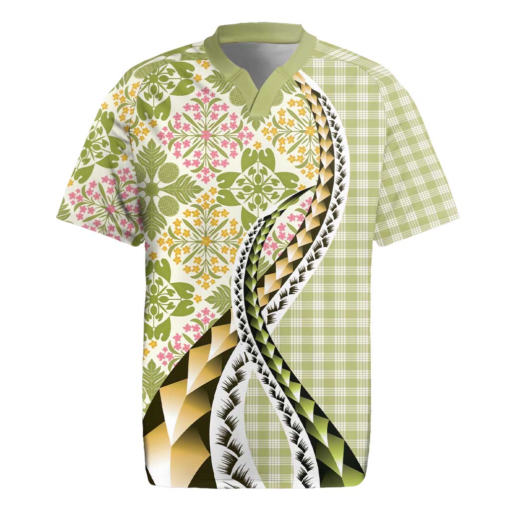 Aloha Vintage Palaka Floral Hawaiian Quilt Rugby Jersey Omaomao Motif - Polynesian Pride
