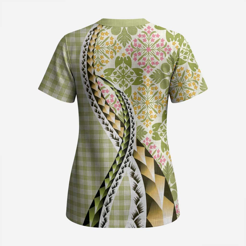 Aloha Vintage Palaka Floral Hawaiian Quilt Scrub Top Omaomao Motif - Polynesian Pride