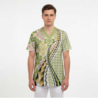 Aloha Vintage Palaka Floral Hawaiian Quilt Scrub Top Omaomao Motif - Polynesian Pride