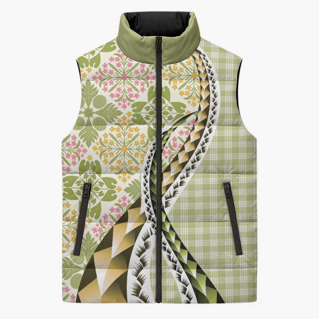 Aloha Vintage Palaka Floral Hawaiian Quilt Sleeveless Puffer Jacket Omaomao Motif - Polynesian Pride