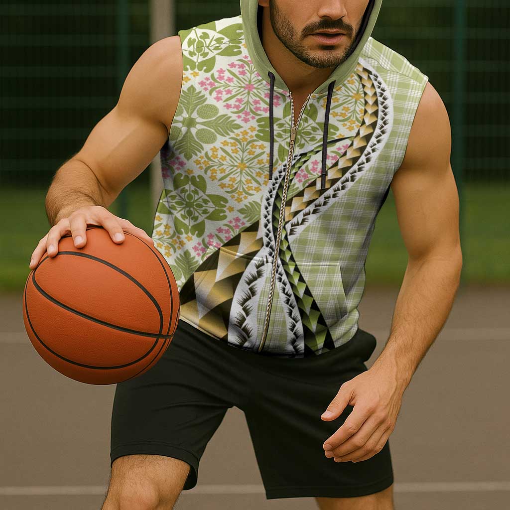 Aloha Vintage Palaka Floral Hawaiian Quilt Sleeveless Zip Hoodie Omaomao Motif - Polynesian Pride